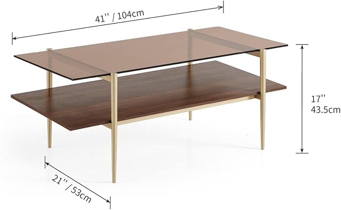 Saint Mossi Tadio Double Layer Glass Coffee Table for Living Room, Brown Glass & Coffee Brown MDF Bottom Shelf