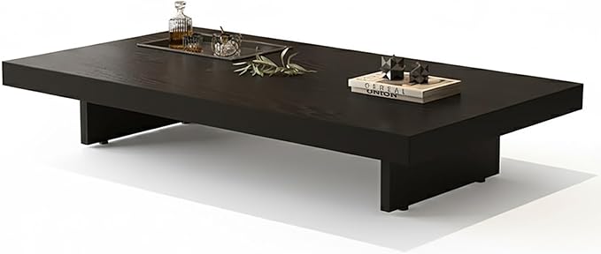 Modern Rectangular Coffee Table for Living Room, Low Profile Wood Center Table with 2" Thick Tabletop & Optional Storage Tray, Sturdy Minimalist Design (31.5"/39.4" Black/Walnut)