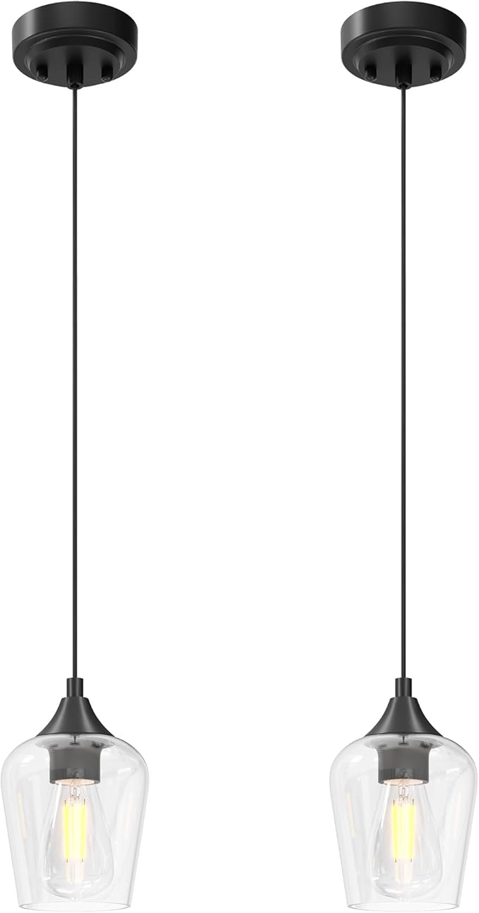 VONLUCE Pendant Lights Kitchen Island, Matte Black Pendant Light Fixtures with E26 Base & Adjustable Cable, Modern Pendant Lighting with Glass Shade for Living Room Bedroom Hallway, 2 Packs