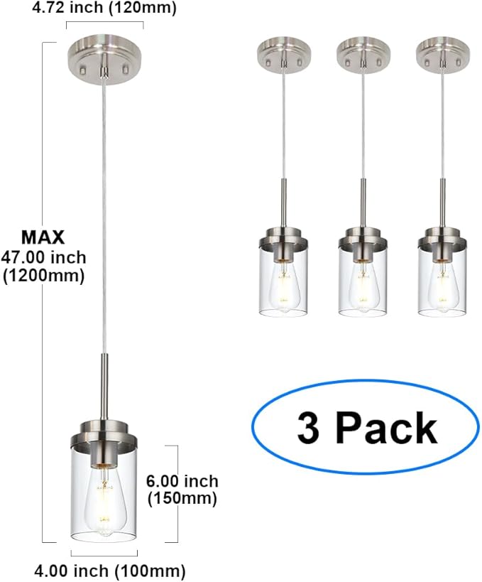 MELUCEE 3 Pack Hanging Pendant Lighting Fixtures Brushed Nickel, Adjustable Hanging Ceiling Lamp with Clear Glass Shade, Modern Pendant Light for Kitchen Island Dining Room Hallway