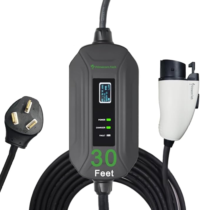 PRIMECOM Level 2 Electric Vehicle (EV) Charger (220V / 240Volt, 16Amp) Portable EVSE Smart Electric Car Charger, 30', 40', and 50 Feet Lengths (NEMA 10-50P, 30 Feet)