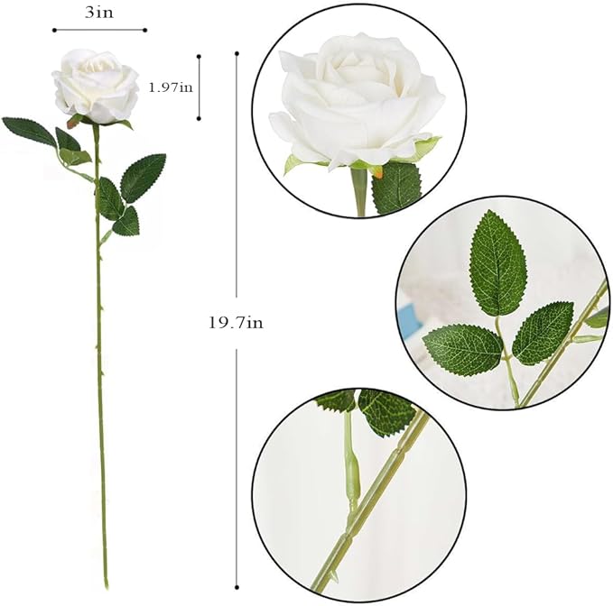 Jasion 12PCS Artificial Roses Realistic Velvet Silk Flowers Long Stem Faux Flowers Bouquet for Wedding Home Party Table Centerpieces Decorations (White)