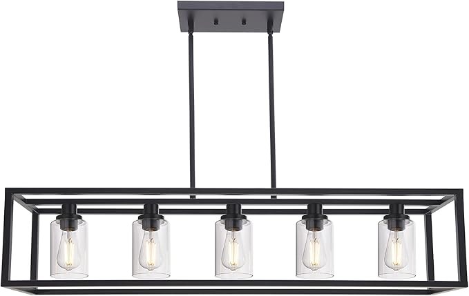 MELUCEE 36.2 Inches Length Industrial Chandelier for Kitchen Island, 5-Light Rectangle Dining Room Lighting Fixtures Hanging Black Finish, Farmhouse Pendant Light Open Metal Frame with Clear Glass