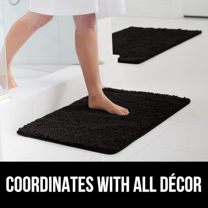 GORILLA GRIP Bath Rug Mat, Thick Soft Absorbent Chenille, Quick Dry Microfiber Mats, Rubber Backing Washable Shower Floor Rugs, US Designed Bathroom Bathmat Home Decor Accessories, 24x17, Black