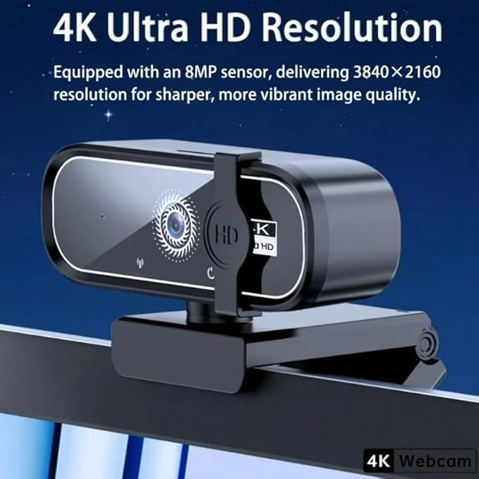 FHD 4K Webcam with AutoFocus, USB Desktop Camera, Black Webcam, Built-in Microphone for Video Conferencing, Online Meetings, Universal Tripod-Ready Clip fits laptops and LCD Monitors.