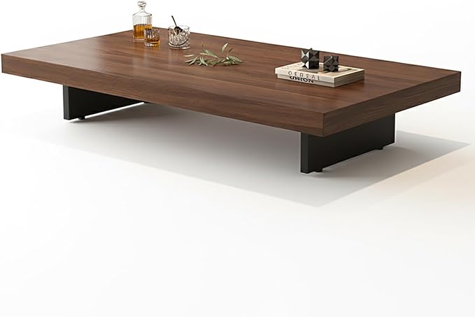 Modern Rectangular Coffee Table for Living Room, Low Profile Wood Center Table with 2" Thick Tabletop & Optional Storage Tray, Sturdy Minimalist Design (31.5"/39.4" Black/Walnut)