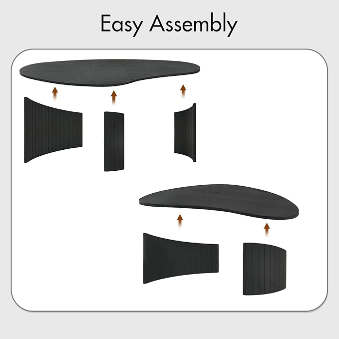 Black Wood Coffee Tables Set of 2 for Living Room, Modern Nesting Center Table with Fluted Solid Rubberwood Legs and Oval Mango Shape for Small Apartment