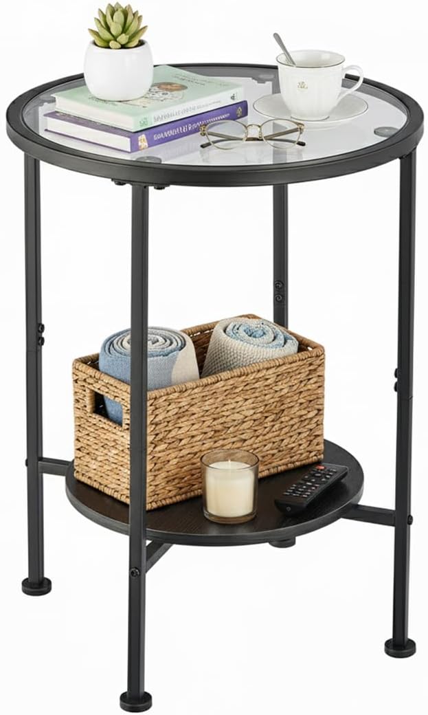 Tempered Glass Side Table with Storage Shelf for Small Spaces,16.15" 2 Tier Round Glass End Table, Small Side Table with Storage for Living Room,Round Bedside Table for Bedroom (Black)
