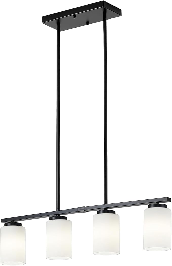 4-Light Modern Island Lights for Kitchen, Black Dining Room Light Fixtures Farmhouse Linear Chandeliers Over Table, White Frosted Glass Adjustable Hanging Light Kitchen Pendant Lighting Over Island