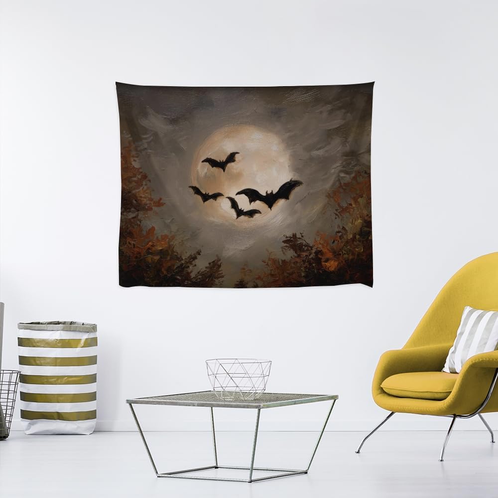 Spooky Halloween Bats Dark Academia Full Moon Autumn Leaves Wall Hanging Vintage Haunted Home Artwork Gothic Witchy Ghost Tapestries for bedroom Living Room Decor 60x80inch