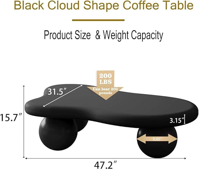 Modern Cloud Coffee Table with 3 Ball Legs, Cute Irregular Shaped Coffee Table, Low Center Table Tea Table for Living Room Apartment (47.2''L × 31.5''W × 13.78''H)