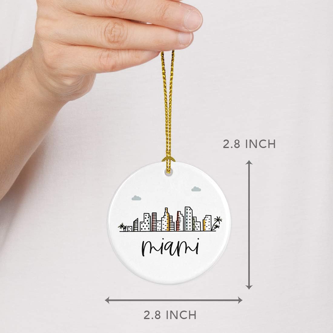 Andaz Press Round Ceramic Porcelain Christmas Tree Keepsake Gift, Colorful City Skyline Miami Ornament, 1-Pack, Birthday Ideas Family Coworker, Includes Box