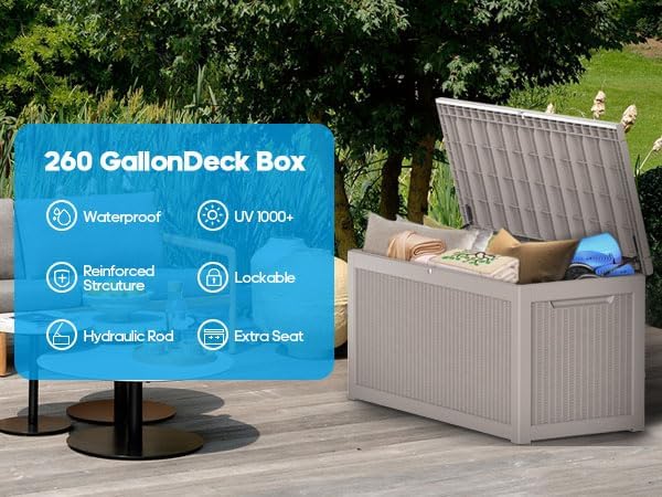 Vixzen 260 Gallon Resin Deck Box, Lockable Outdoor Storage Box for Patio Cushions Storage Furniture,Garden Tools, Pool Supplies, Weatherproof and UV Resistant- Grey