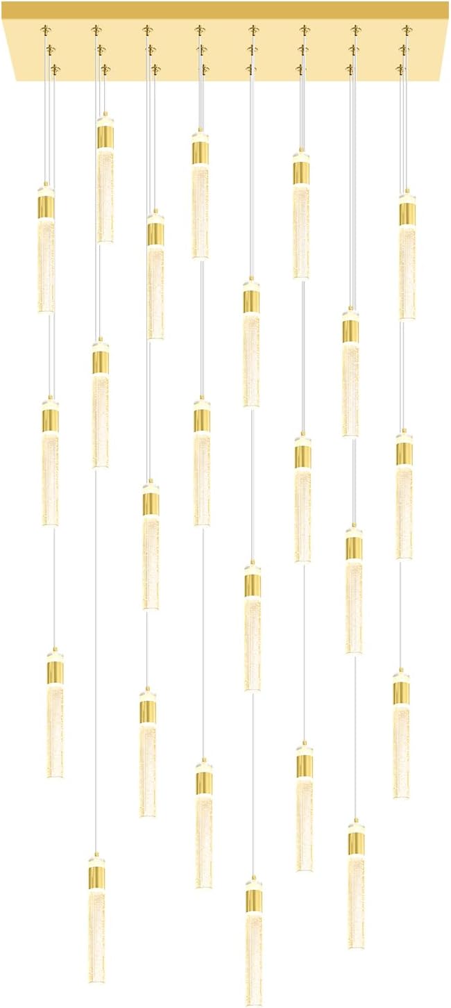 Glam Rectangular Crystal Column Chandelier for High Ceiling 24-Lights Gold LED Dimmable Pendant Light for Kitchen Island Dining Room Entrance Foyer Living Room Adjustable Height