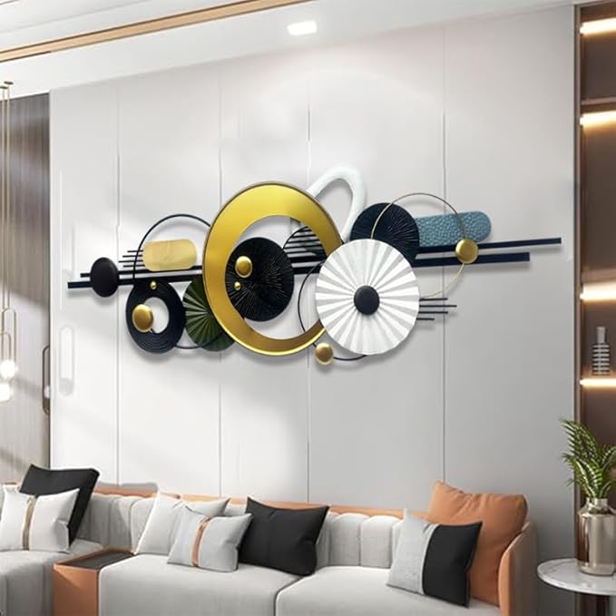 Metlzks Modern Abstract Metal Wall Art,Large 59×20 Inches Wall Decor, Geometric Circles Design Wall Sculptures, Gold Black White, Wall Decoration for Living Room Bathroom Bedroom Dining Room
