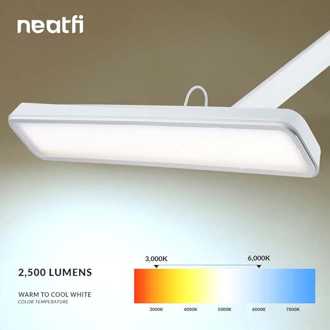 Neatfi (New Model) XL 2,500 Lumens LED Task Lamp, 5 Light Modes, 3000-6000K Correlated Color Temperature, 30W, Dimmable, 324 Pcs SMD LED, Desk Light for Home, Office (CCT with Base, White)