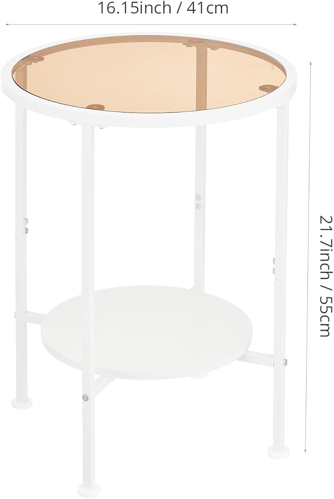 Tempered Glass Side Table with Storage Shelf for Small Spaces,16.15" 2 Tier Round Glass End Table, Small Side Table with Storage for Living Room,Round Bedside Table for Bedroom (White)
