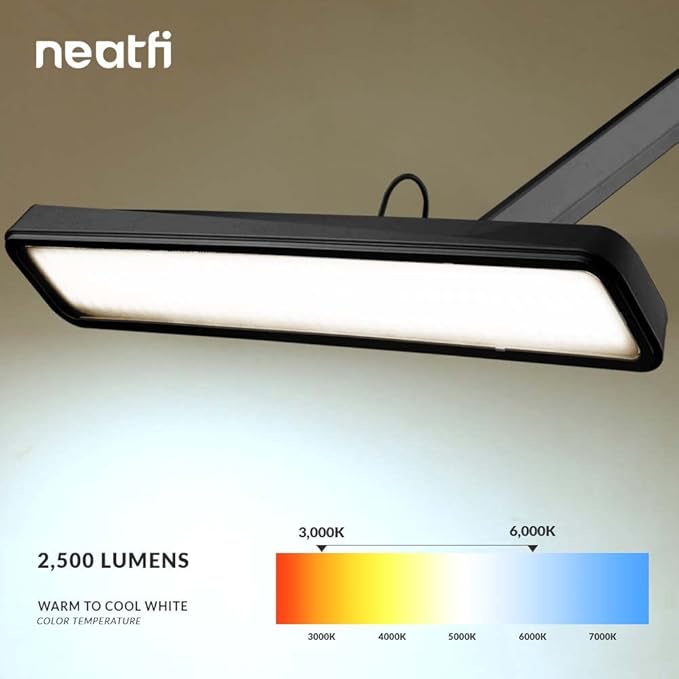 Neatfi (New Model) XL 2,500 Lumens LED Task Lamp with Clamp, 5 Light Modes, 3000-6000K Correlated Color Temperature, 30W, Dimmable, 324 Pcs SMD LED, Desk Light for Home, Office (CCT, Black)