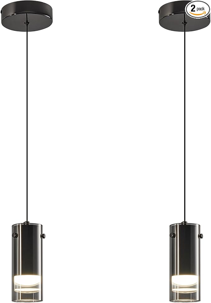 Black Pendant Light Fixtures, Adjustable Modern LED Smoky Gray Glass Pendant Lights for Kitchen Island, Single Hanging Pendant Lighting for Dining Table Hallway Bedroom Living Room(2-Pack)