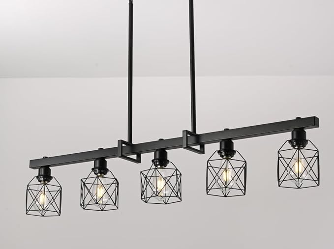 5-Light Farmhouse Kitchen Island Lighting Black Hardware and Black Metal cage Frame Design Rustic Vintage Pendant Ceiling Light Suitable for Dining Rooms and Living Rooms
