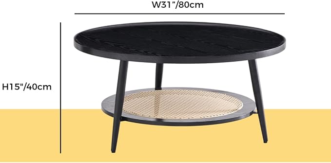 Saint Mossi Modern Coffee Table for Living Room, Mid-Century Round Wood Coffee Table, 2-Tier Boho Center Table for Small Space, Black Wood and Rattan Top,