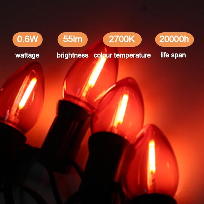 NETEHA 25 Pack C7 Red Led Replacement Christmas Light Bulb, C7 E12 Base 120V Waterproof Led Bulbs for Christmas Outdoor String Lights, Halloween Decoration Bulb