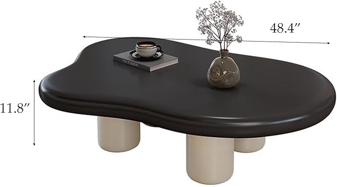 48 Inch Cloud Coffee Table, Modern Coffee Table for Living Room, Large Wood Coffee Side Table with Irregular Tabletop and 4 Sturdy Legs for Home Office Bedroom, Black and White