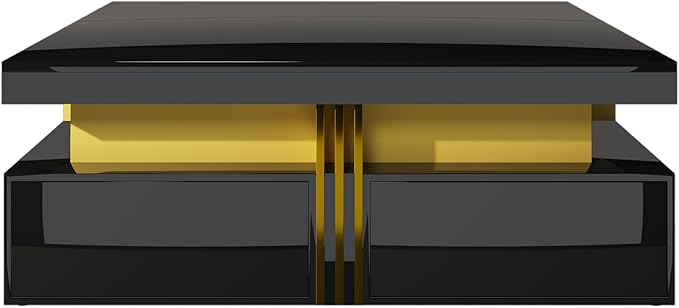 Merax 43.3" Modern Glossy Square Storage Coffee Table with 4 Drawers, Gold Accents, Functional Center Tables for Living Room Apartment, Glossy Black