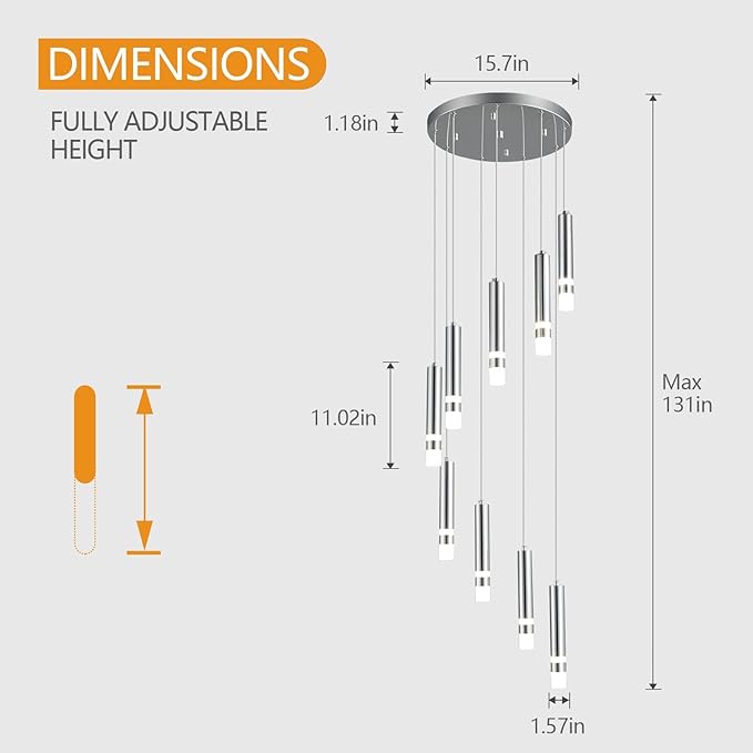 9-Light Modern Pendant Light Fixture Dimmable LED 54W Chrome Staircase Large Chandelier Lobby Living Room Bedroom Foyer High Ceiling Chandelier