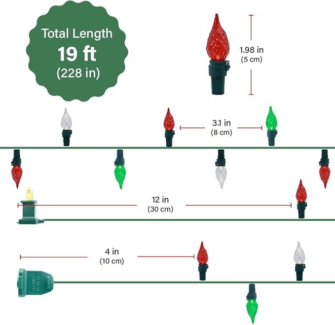 GlowVibe Red White and Green Christmas Lights, 19ft 70 LED Faceted C5 Glass Bulb Outdoor String Lights, Extendable Green Wire for Indoor Xmas Tree Garden Patio 120V ETL Certified