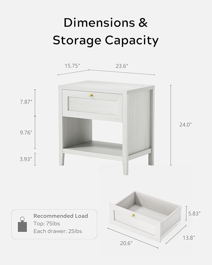 Nightstand with Storage Drawer, Farmhouse Large Bedside End Table with Open Shelf, Modern Wood Night Stand for Sofa, Bedroom, Antique White