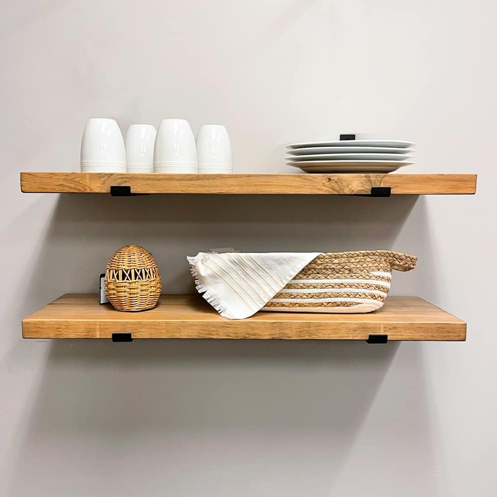 Rustic Shelves with J-Brackets Set of 2, Industrial Shelf, Kitchen Shelves, Solid Wood, Decorative Wall Storage, Heavy Duty, URBANDI (Brown, 48Wx8D)