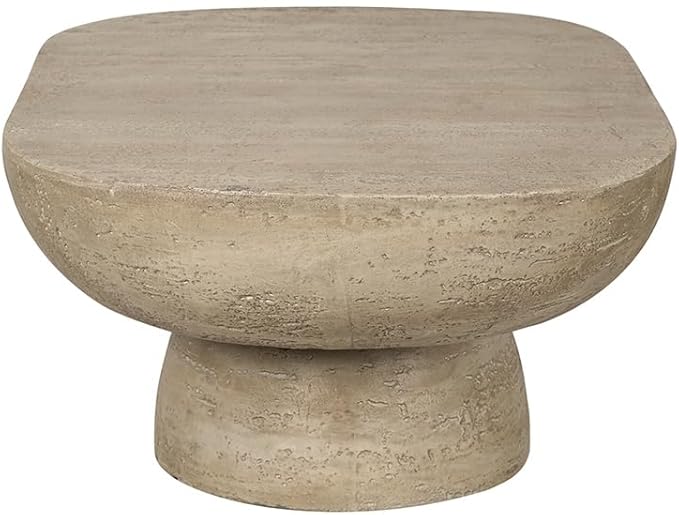 Oval Coffee Table Modern Faux Stone Circle Center Table Accent End Side Table for Living Room, Magnesium Oxide, 36" Cream