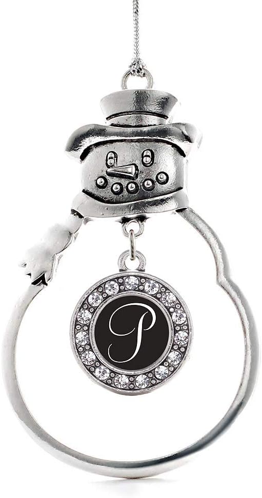 Inspired Silver - My Script Initials - Letter P - Silver Christmas Ornament - Circle Charm Christmas Tree Ornament with Cubic Zirconia - Snowman Hanging Decoration