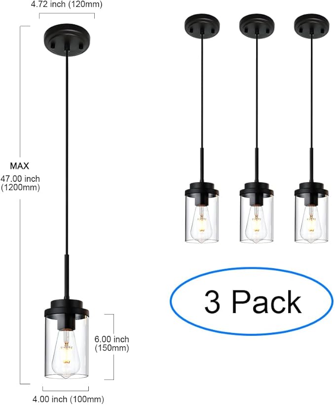 MELUCEE 3 Pack Hanging Pendant Lighting Fixtures Black, Adjustable Hanging Ceiling Lamp with Clear Glass Shade, Modern Pendant Light for Kitchen Island Dining Room Bedroom Hallway