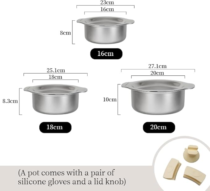 6-Piece Food-Grade 304 Stainless Steel Kitchenware Set (with Scratch-Resistant Finish), Heat-Resistant - Comes With Free Heat-Resistant Silicone Gloves And Lid Knobs, Suitable For Frying, Boiling