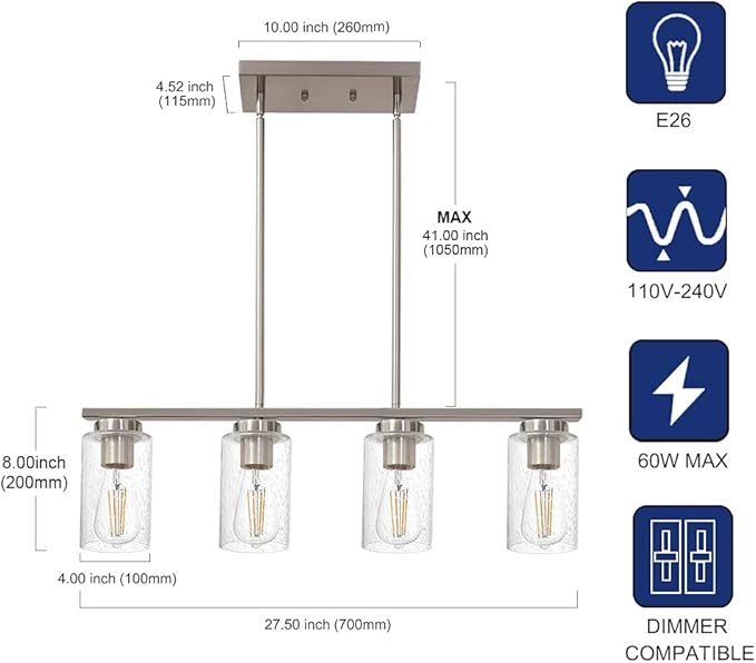 TODOLUZ 4-Lights Kitchen Island Pendant Light Fixture with Seeded Glass Shade, Brushed Nickel Hanging Ceiling Lighting for Farmhouse Dining Room