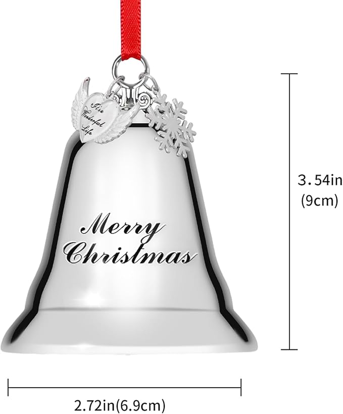 Styleonme Christmas Bell Ornament 2025 – Heart-Shaped Angel Wings with Snowflakes, Inspired by It's a Wonderful Life, Silver Holiday Decoration