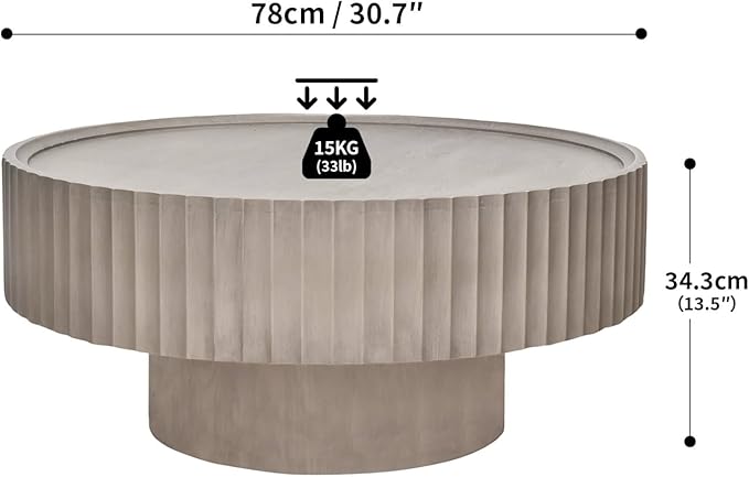 Round Coffee Table with Storage, 30.3” Fluted Drum Modern Living Room Table, Circle Wood Gray Center Tables, Accent Mushroom Shape Coffee Tables for Living Room, Apartment(30.3''L×13.7''H)