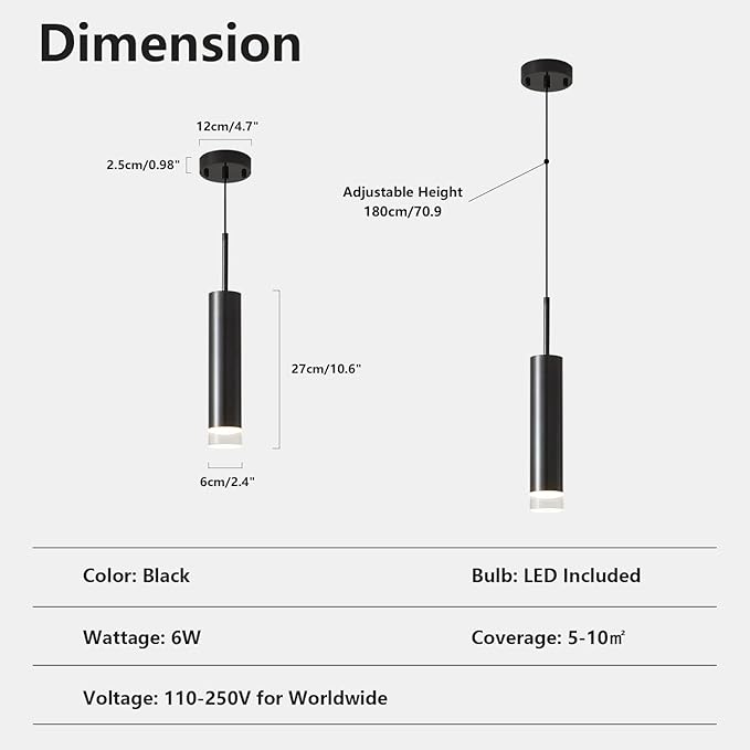 KCO Lighting Mid Century Modern Black Metal LED Pendant Light Nordic Minimalist Cylinder Hanging Kitchen Island Lighting Adjustable Mini Farmhouse Long Tube Dining Pendant Lighting