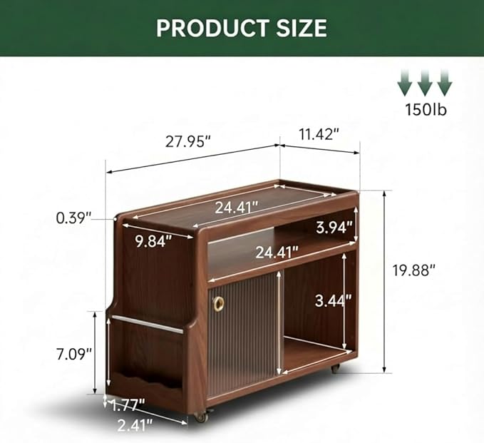 Solid Wood Side Table with Wheels, Narrow Side Table with Storage, Rolling Bedside Table for Bedroom Living Room Dining Room(Teak, 27.95" D x 11.42" W x 19.88" H)