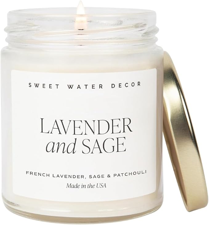 Sweet Water Decor Lavender and Sage Soy Candle - French Lavender, Sage, Patchouli Scented Spring Candles for Home - 9oz Clear Jar + Gold Lid, 40+ Hour Burn Time, Made in The USA