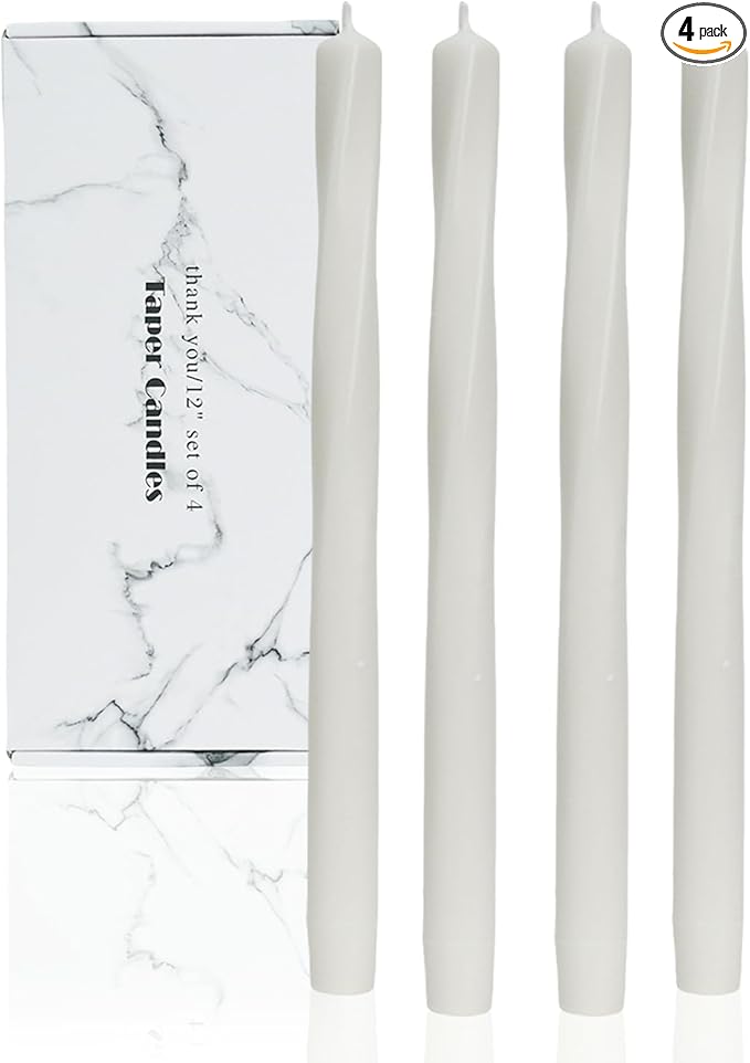 White Candlestick Spiral Taper Candles Taper Candles Unscented Christmas Party Gift Winter Holiday Dinner Table Decorations,12 inch,Set of 4,G