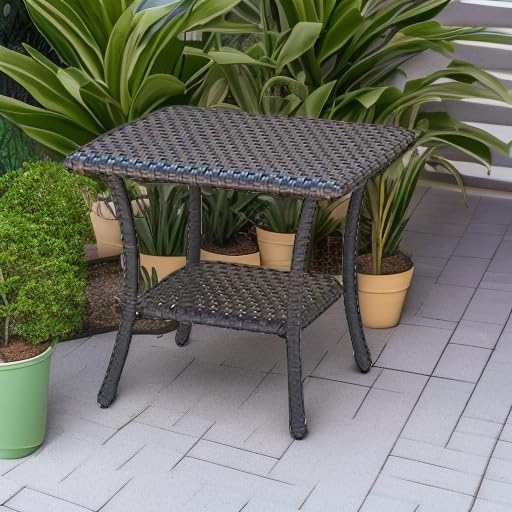 Rilyson Patio Tables Outdoor Coffee Table - Wicker Rattan Side Tables with 2-Tier Storage Shelf End Table for Porch Deck Balcony Garden Outside Square Brown