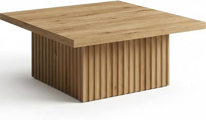 35.5" Fluted Square Coffee Table Natural Oak Finish – Modern Organic Ribbed Wood Centerpiece – Sturdy Low Profile Plinth Design for Living Room