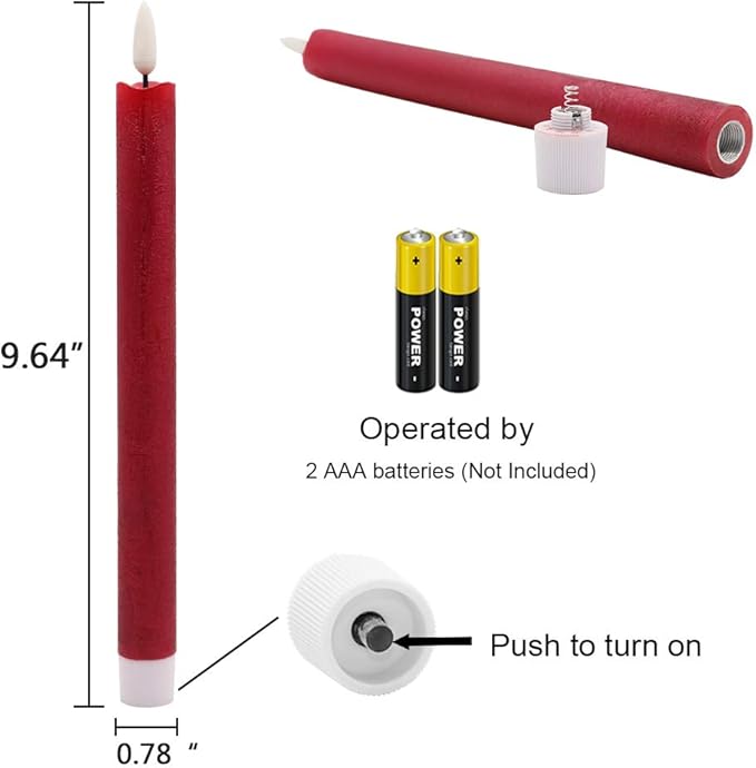 Red Flameless Taper Candles Battery Operated Flickering with 6H Timer, 3D Wick LED Taper Candles Real Wax Candlesticks, Party Christmas Home Decor 6 Pack 9.6" Christmas Red