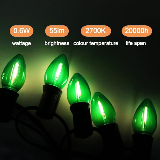 NETEHA 25 Pack C7 Green Led Replacement Christmas Light Bulb, C7 E12 Base 120V Waterproof Led Bulbs for Christmas Outdoor String Lights, Halloween Decoration Bulb