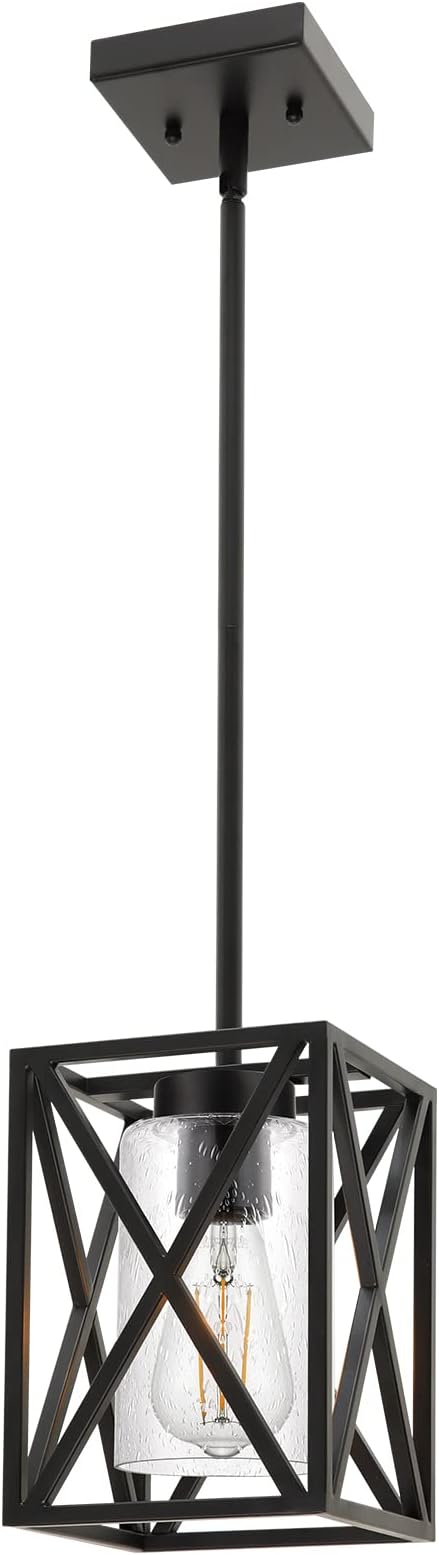 Farmhouse Pendant Light Fixture, 1-Light Industrial Dining Room Chandelier Hanging Ceiling Lighting with Seeded Glass, Black Rustic Kitchen Island Lights for Foyer Living Room