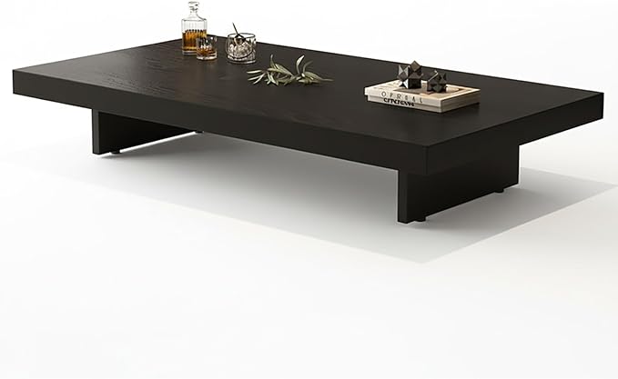 Modern Rectangular Coffee Table for Living Room, Low Profile Wood Center Table with 2" Thick Tabletop & Optional Storage Tray, Sturdy Minimalist Design (31.5"/39.4" Black/Walnut)