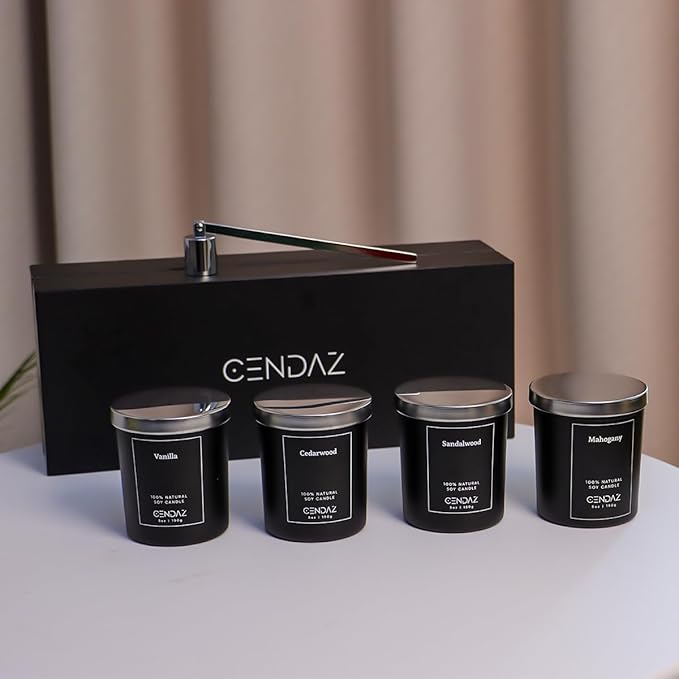 Mens Candle Set 4 Pack with Snuffer Included Soy Scented Candles for Men Vanilla Cedarwood Mahogany Sandalwood 120h Total Burn Luxury Gift for Bedroom Black Home Decor Masculine Aroma Jar Candle Kit